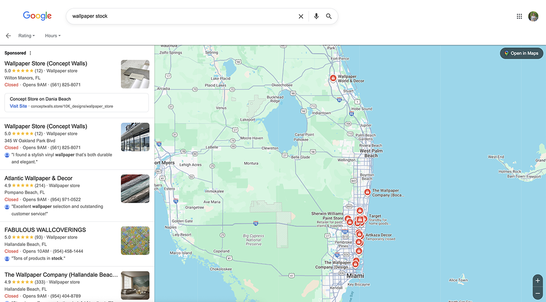 Google search for "wallpaper store" with Concept Walls listed first in the local results