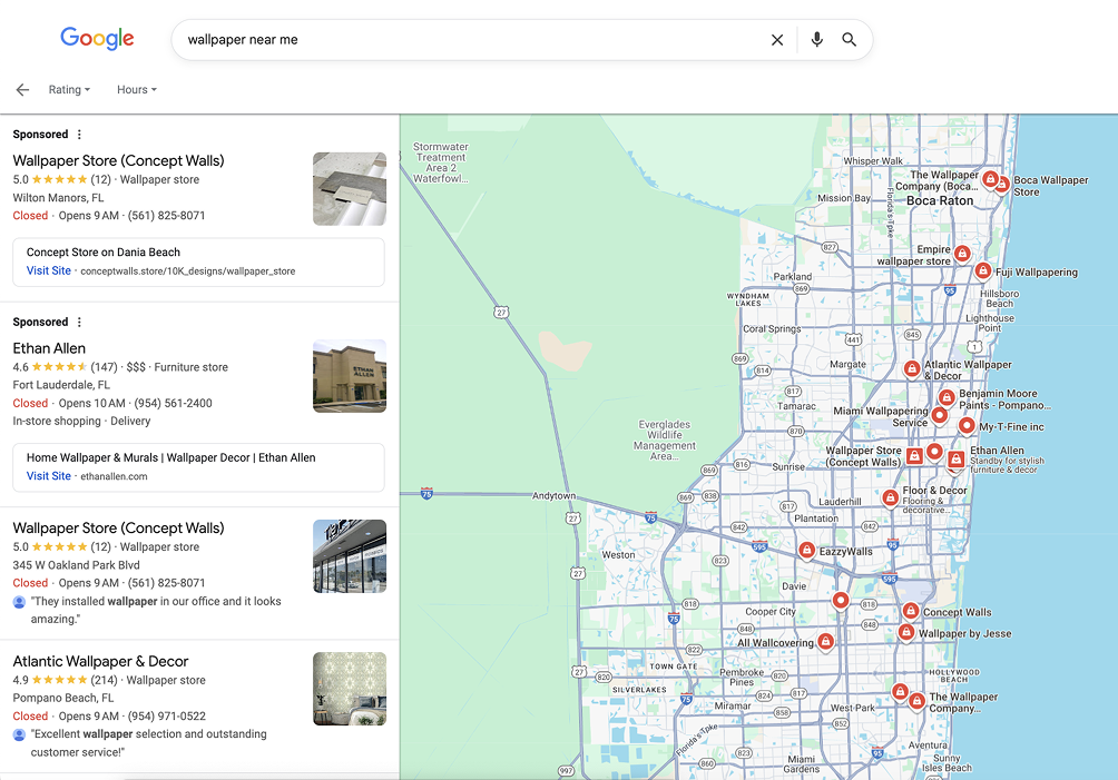 Google search for "wallpaper near me" in Miami with Concept Walls at the top of the map results