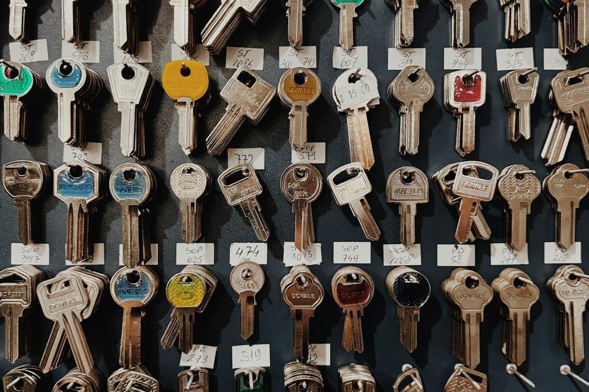 Wall of key blanks in a locksmith shop
